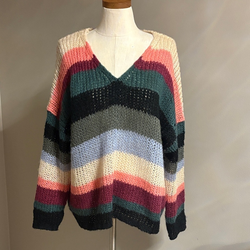Elan OVERSIZED bohemian striped V-Neck open knit Sweater drop shoulder long slv - Picture 1 of 10